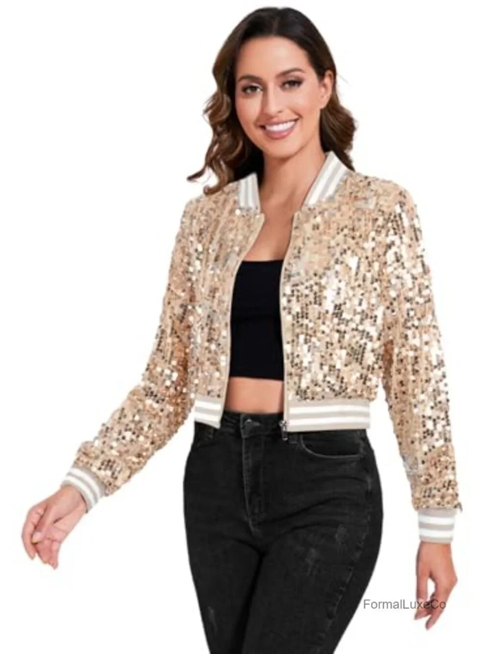 Sparkly Sequin Cropped Bomber Jacket Long Sleeve Zip Up Party Club